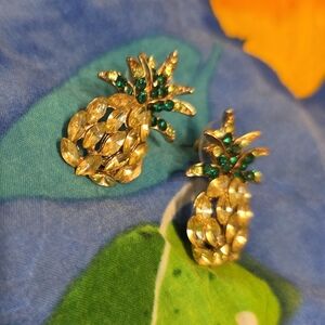 Pineapple Rhinestone Earrings - Gold Yellow & Green Tropical Bling Studs